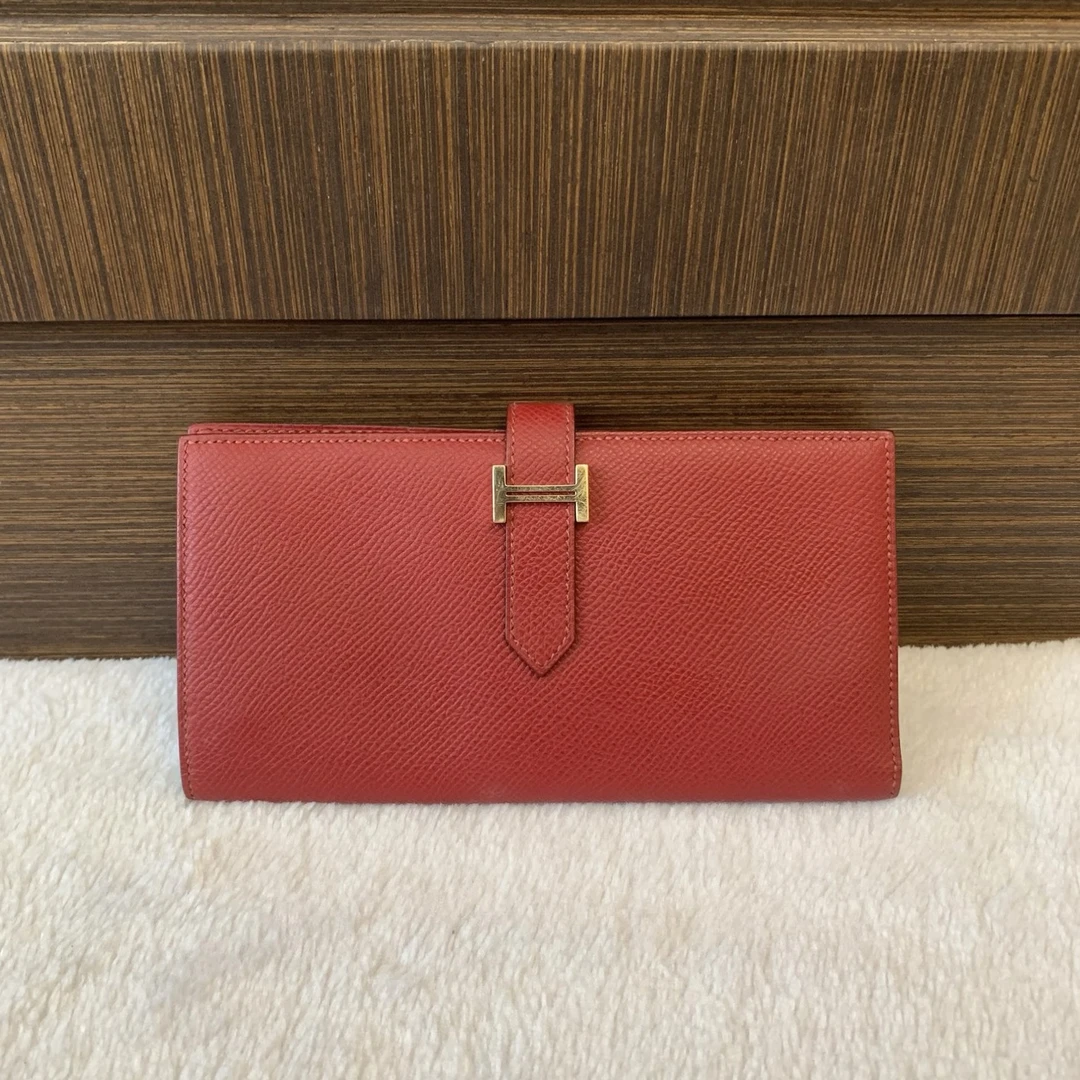 95新 Hermes/爱马仕 红色银扣长款钱包/二奢