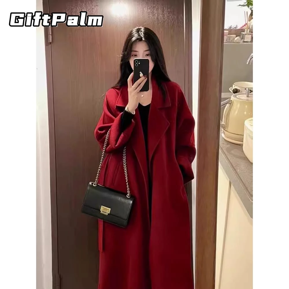 GiftPalm酒红色双面羊绒大衣女秋冬新品白鸭绒中长款羊毛呢外套潮
