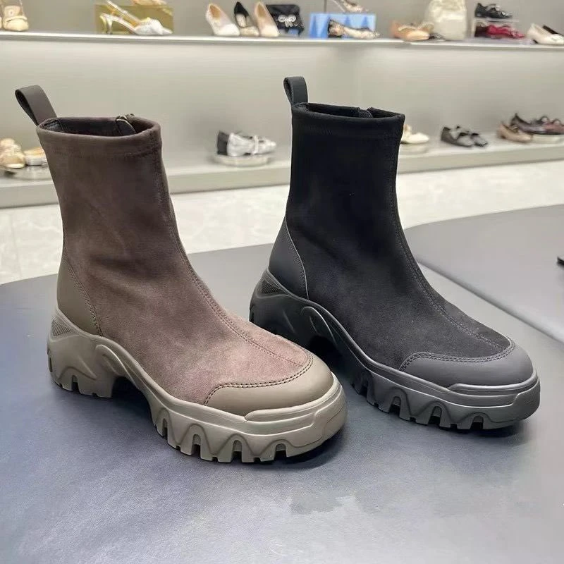 2025新款交响海豚运动靴棕色中靴厚底瘦瘦靴女EIX03DZ5