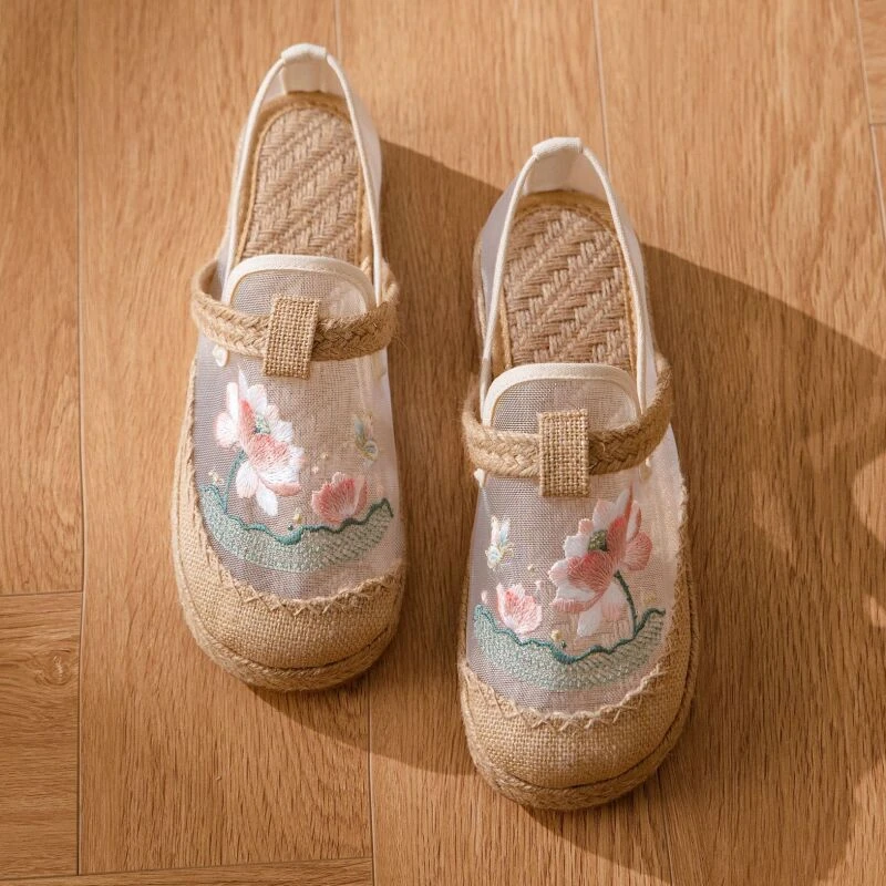 荷花夏季新款民族风绣花刺绣网纱女鞋大头拖鞋透气复古平底网鞋gf