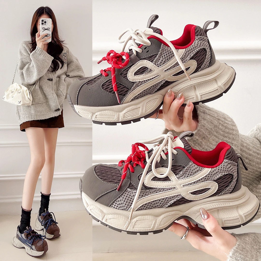 欧货厚底网面软皮老爹鞋女2025秋新款系带增高轻便舒适运动休闲鞋