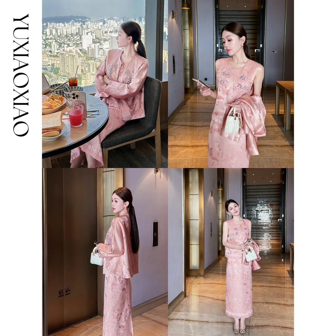 余潇潇【凤舞香罗】桑蚕丝羊毛混纺提花国风外套&无袖圆领马甲套装