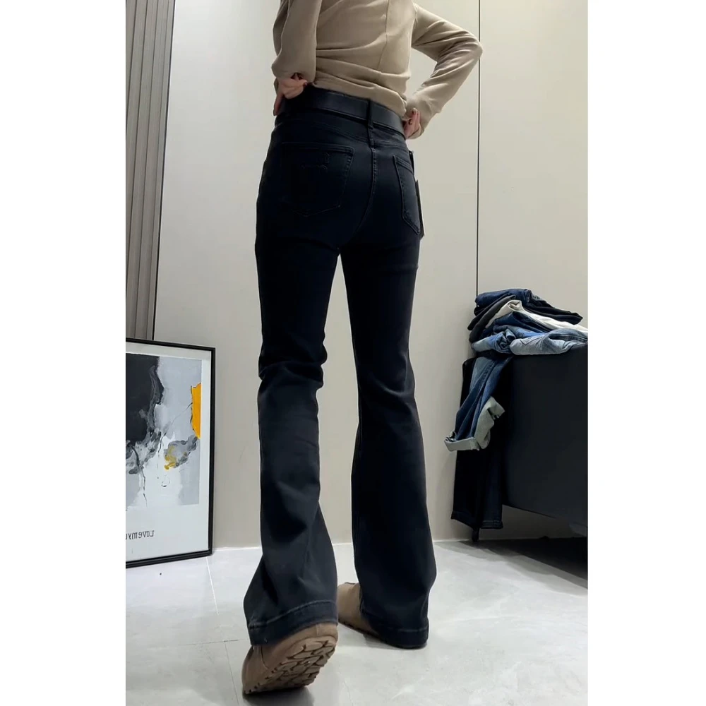 黑灰色微喇叭牛仔裤女2025春秋新款大码高腰弹力显瘦修身马蹄裤