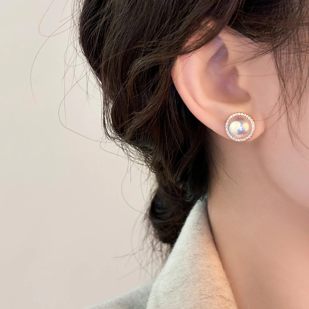 OLOIU 925银仿珍珠耳饰 轻奢镶钻人鱼姬珍珠耳钉女设计感耳环2025