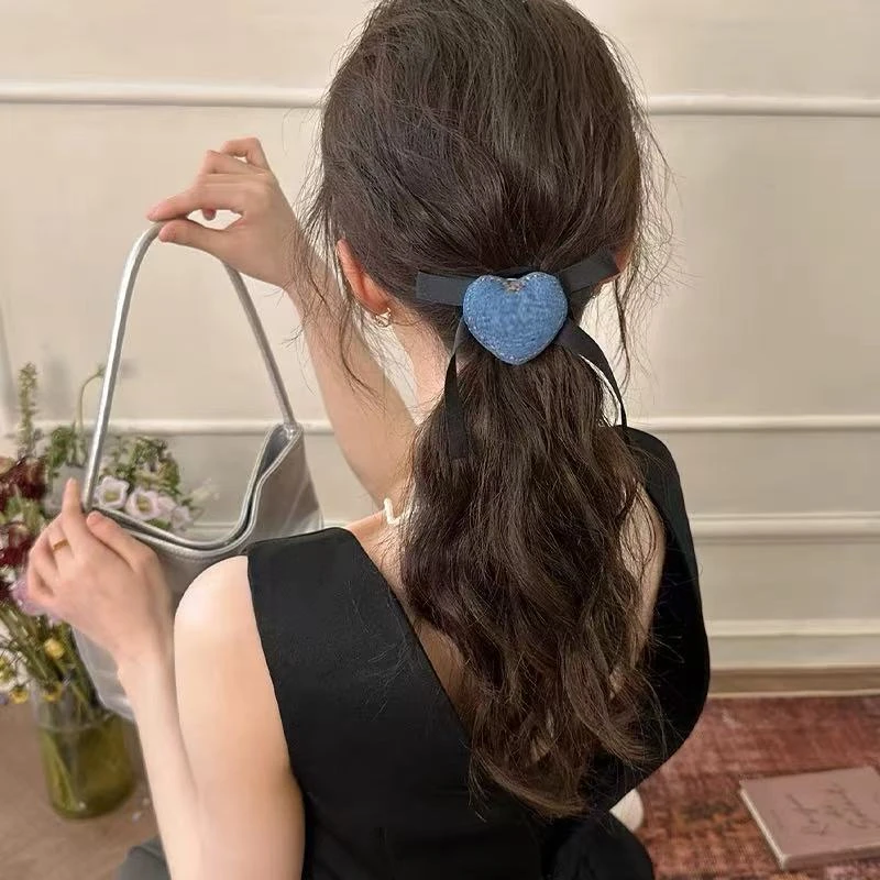 韩系牛仔蓝爱心发圈女时尚高级感后脑勺扎头发绳简约百搭甜美发饰