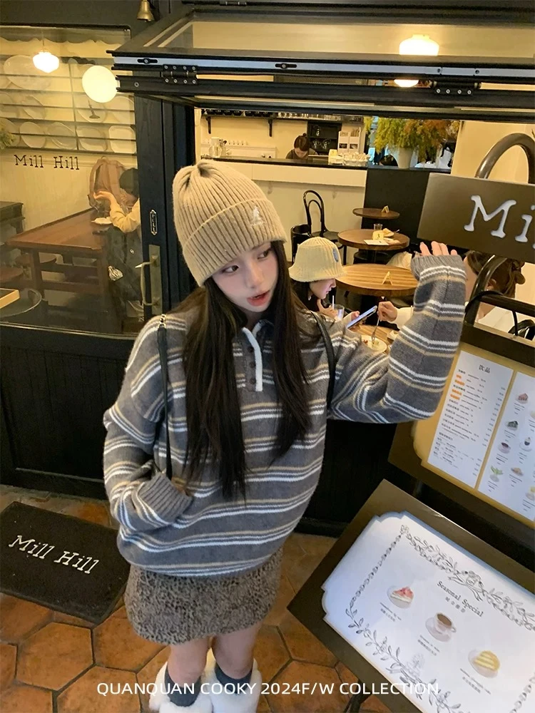 学院日记美式复古条纹polo领毛衣百搭针织上衣宽松毛衣开衫外套女