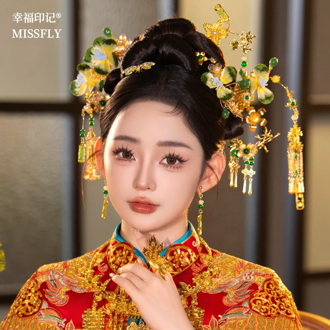 新娘龙凤褂头饰项圈套装新中式婚礼绿绒花发饰秀禾晨袍汉服配饰品