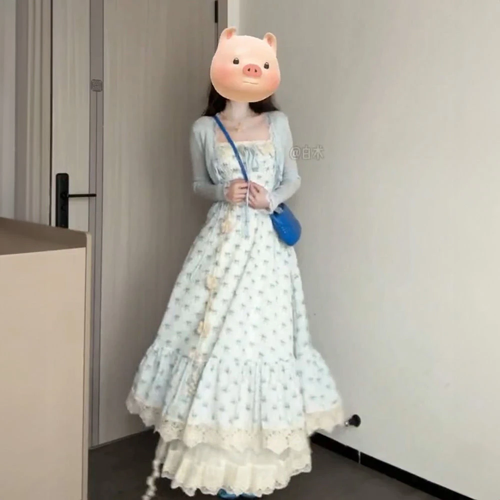 森系温柔风方领拼接背心碎花连衣裙针织蕾丝拼接防晒披肩两件套装