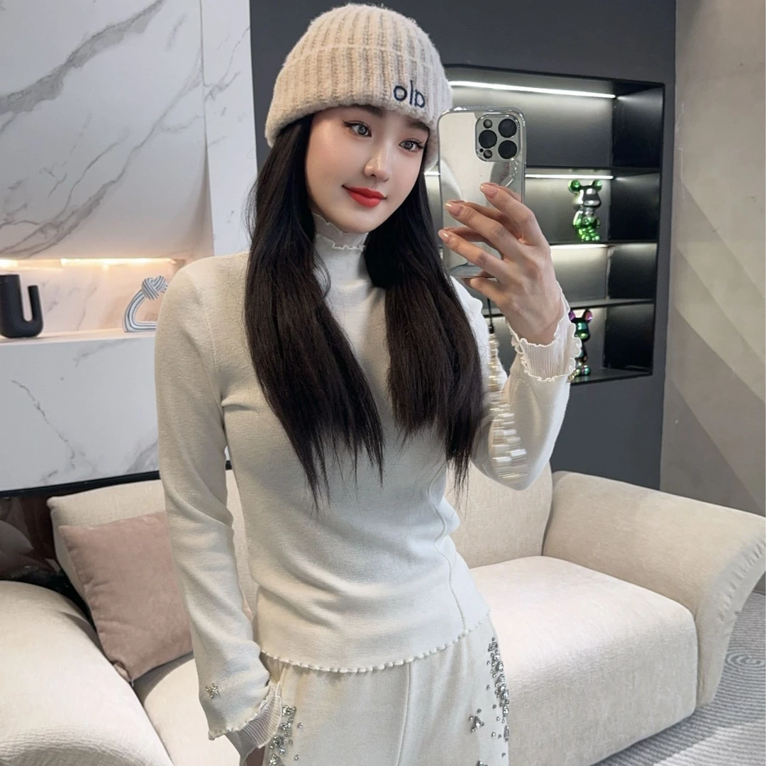 【初雪漫褶】2025冬季新款天丝羊毛蕾丝边打底上衣H6564