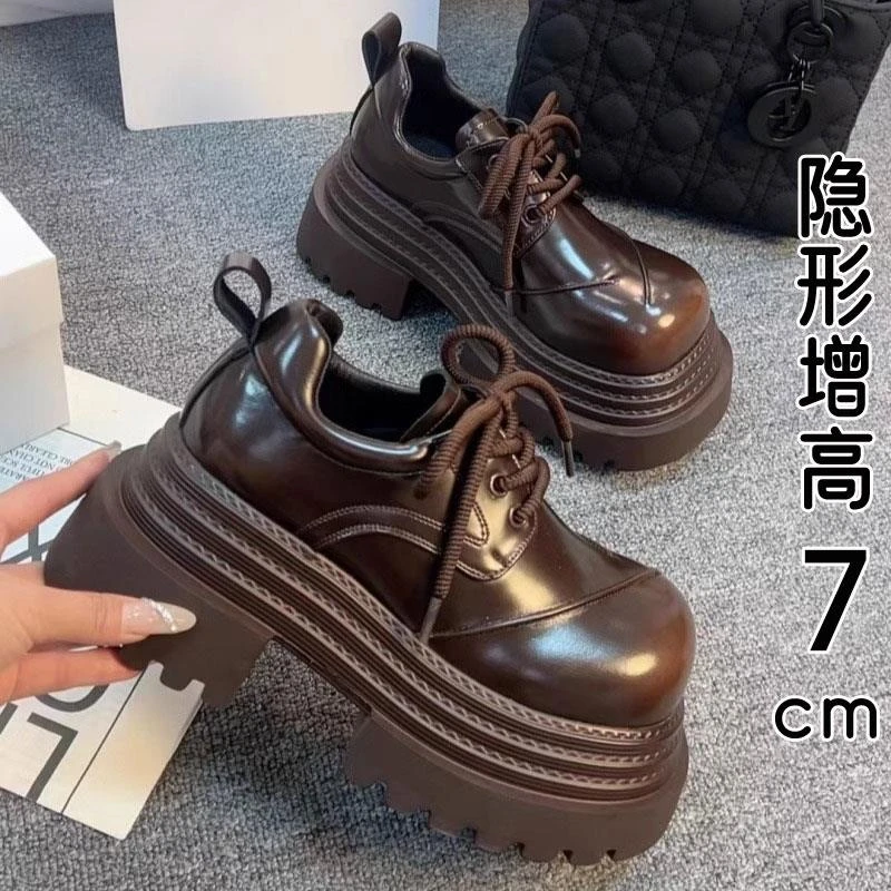 香港真皮厚底乐福鞋女2025新款春秋爆款增高系带单鞋英伦风小皮鞋