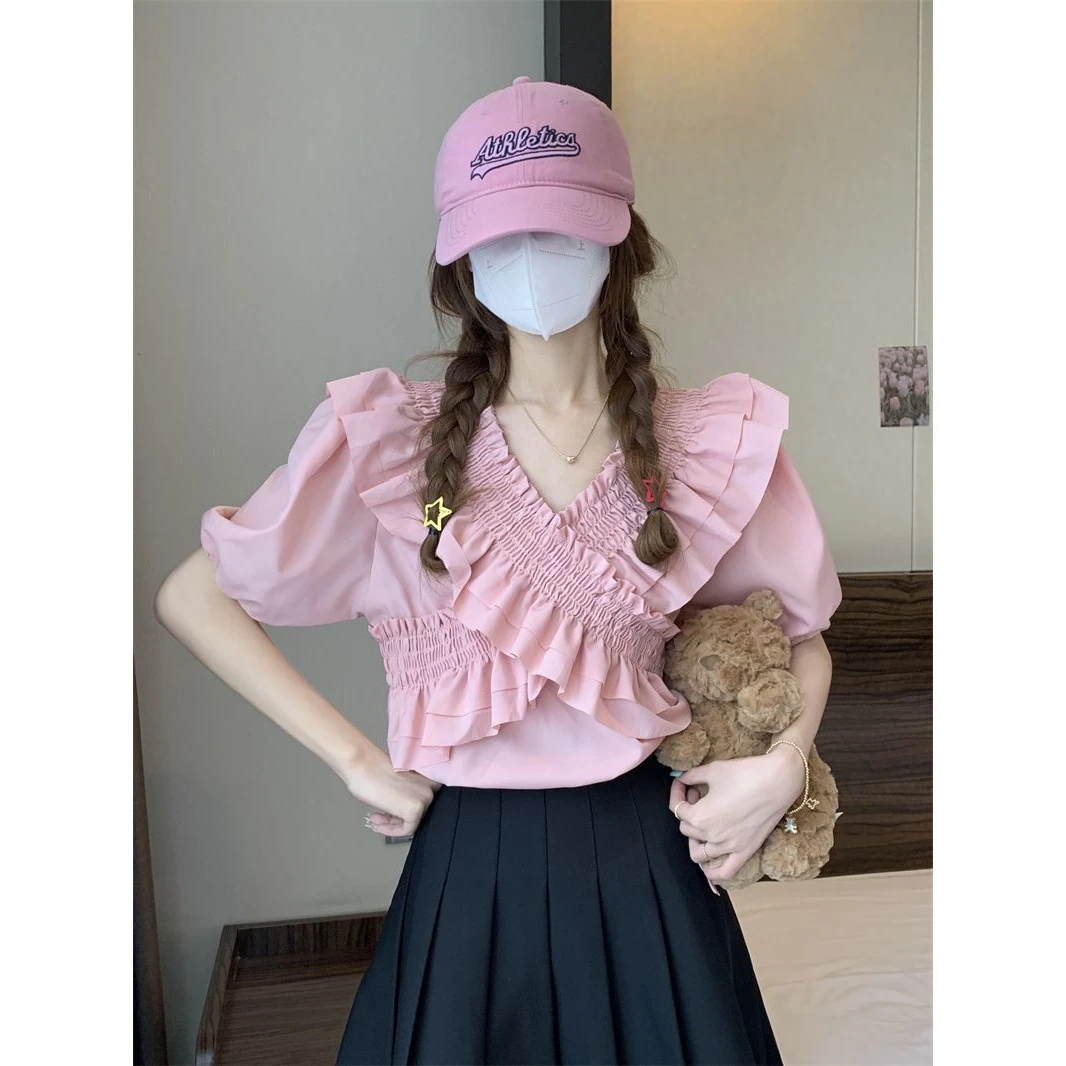 衬衫女夏小个子甜美荷叶边交叉领雪纺衫设计感系带短款睡衣