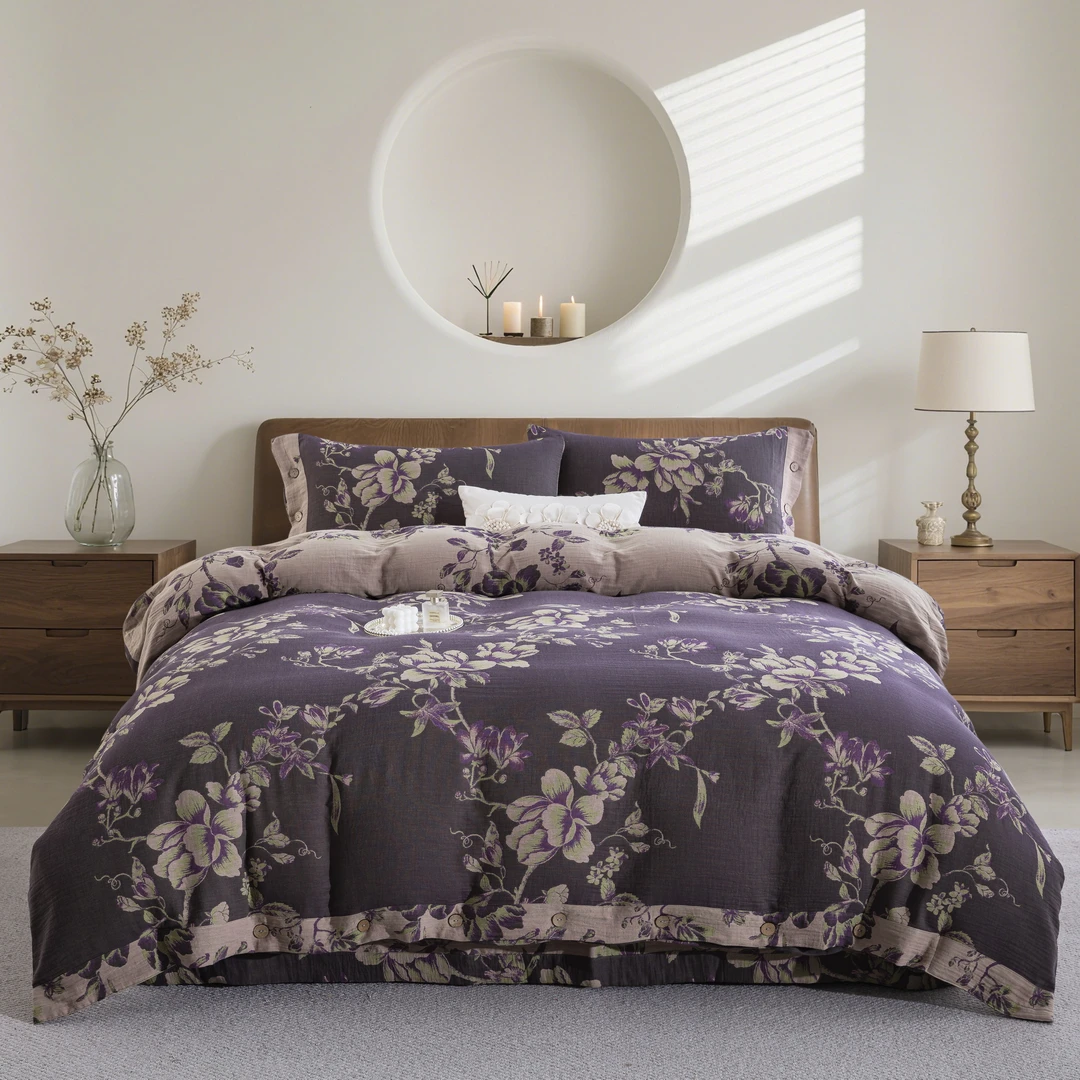 【花漫—加大三件套】（一个床单+两只枕套）全棉双层纱