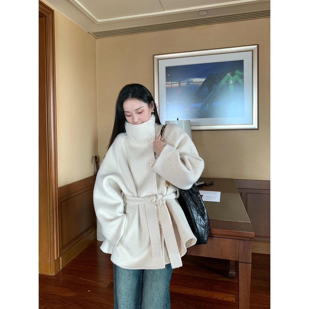 紫纨韩系高领系带中短款大衣高级感2025新款羊毛双面绒羊驼毛外套