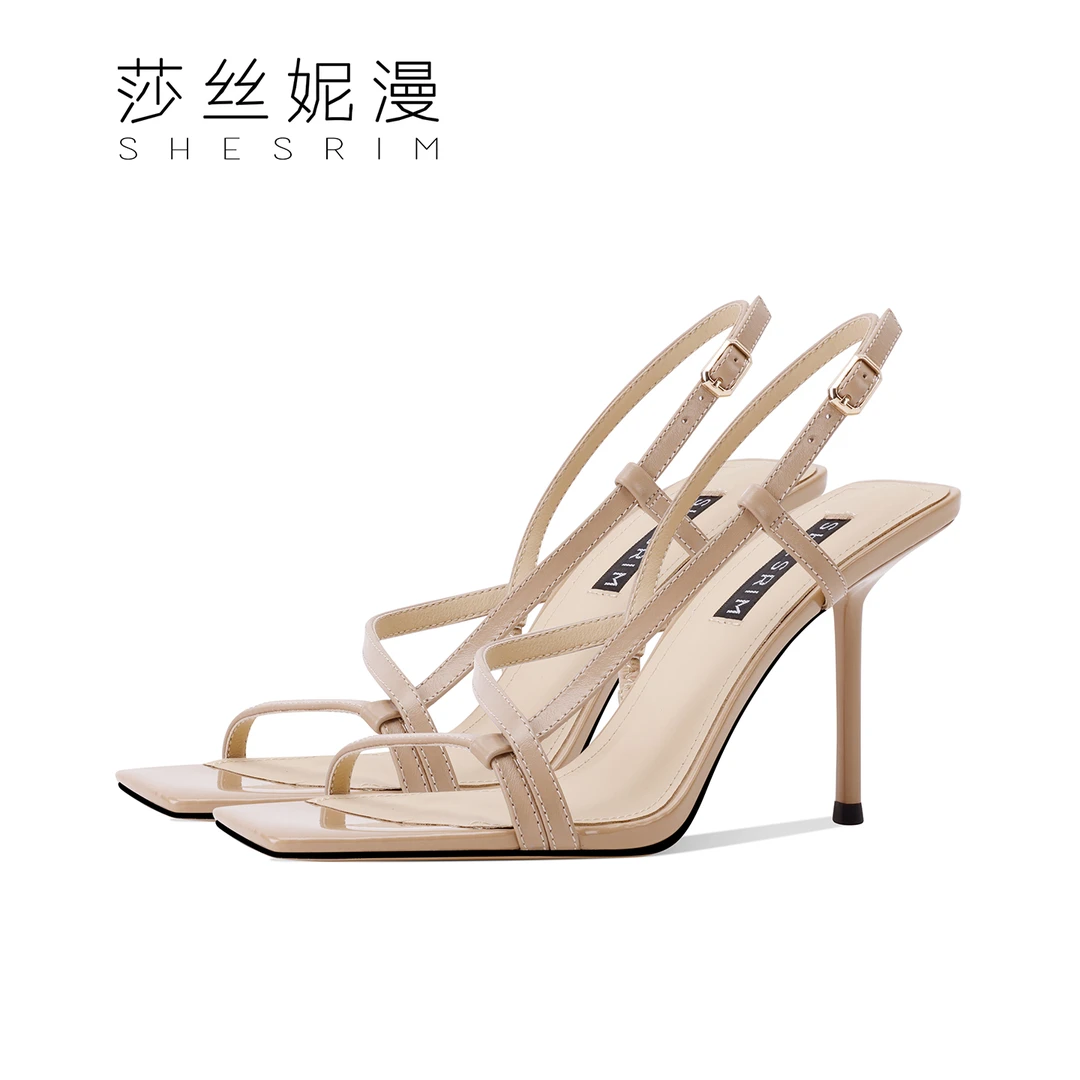 一字带凉鞋女细跟2025夏季新款女士高跟时装凉鞋真皮方头露趾凉鞋