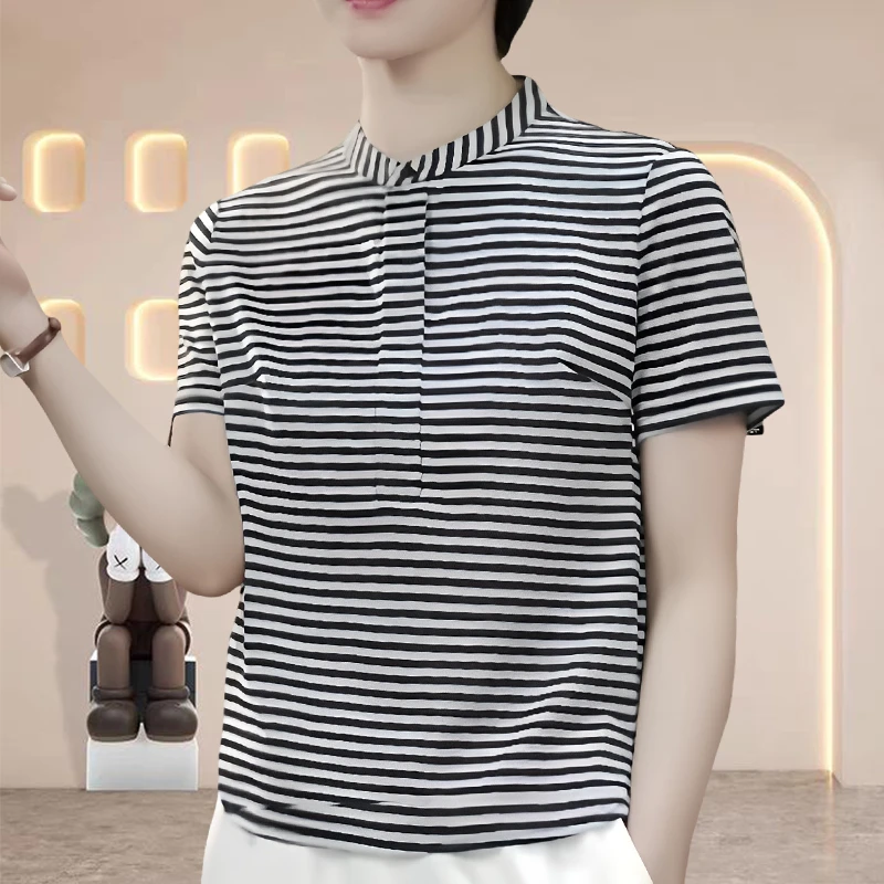 【纯棉】春游出行衣服时尚圆领短袖T恤2025夏新款洋气撞色条纹上衣