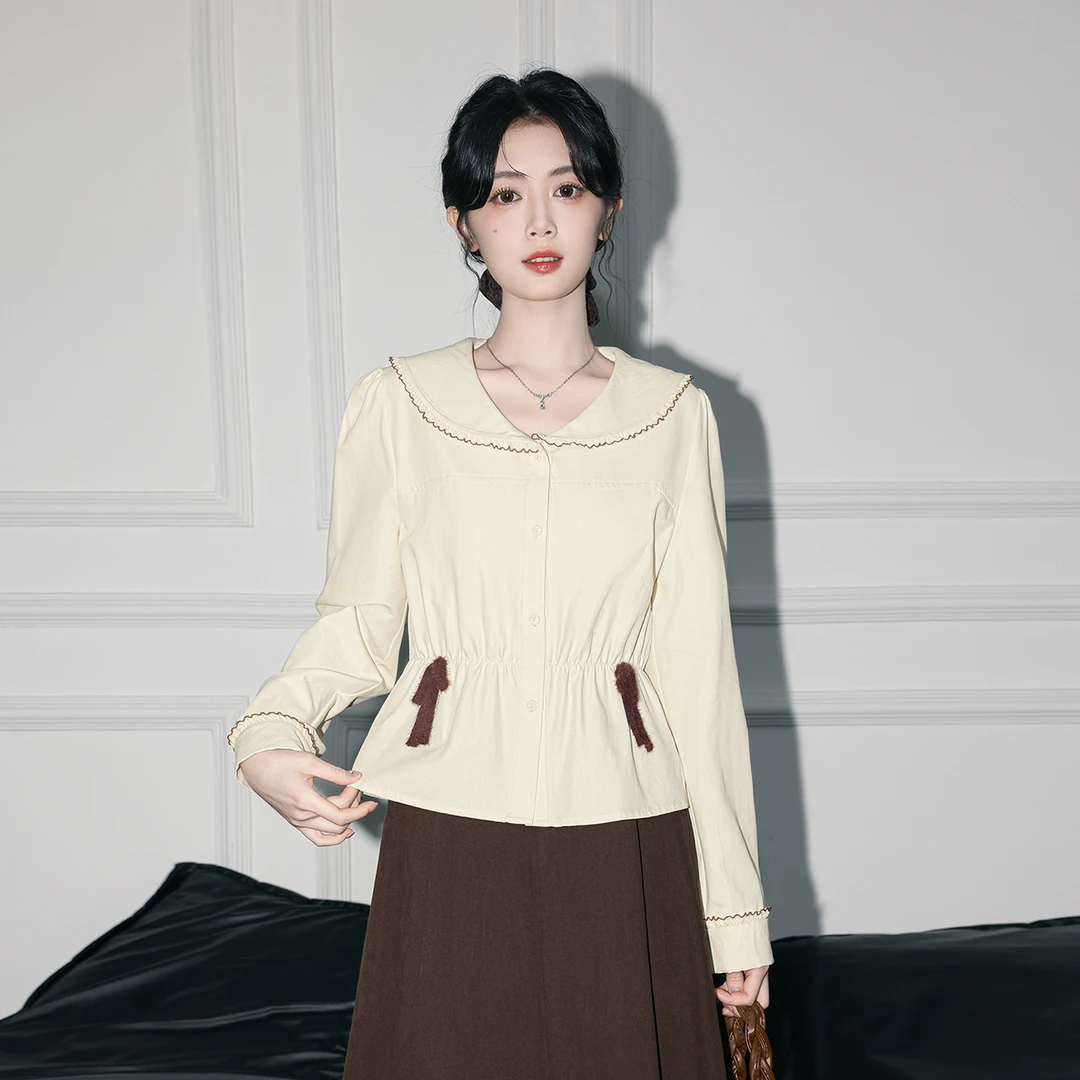 法式复古娃娃领长袖衬衫女秋季2025春秋新款设计感收腰衬衣短上衣