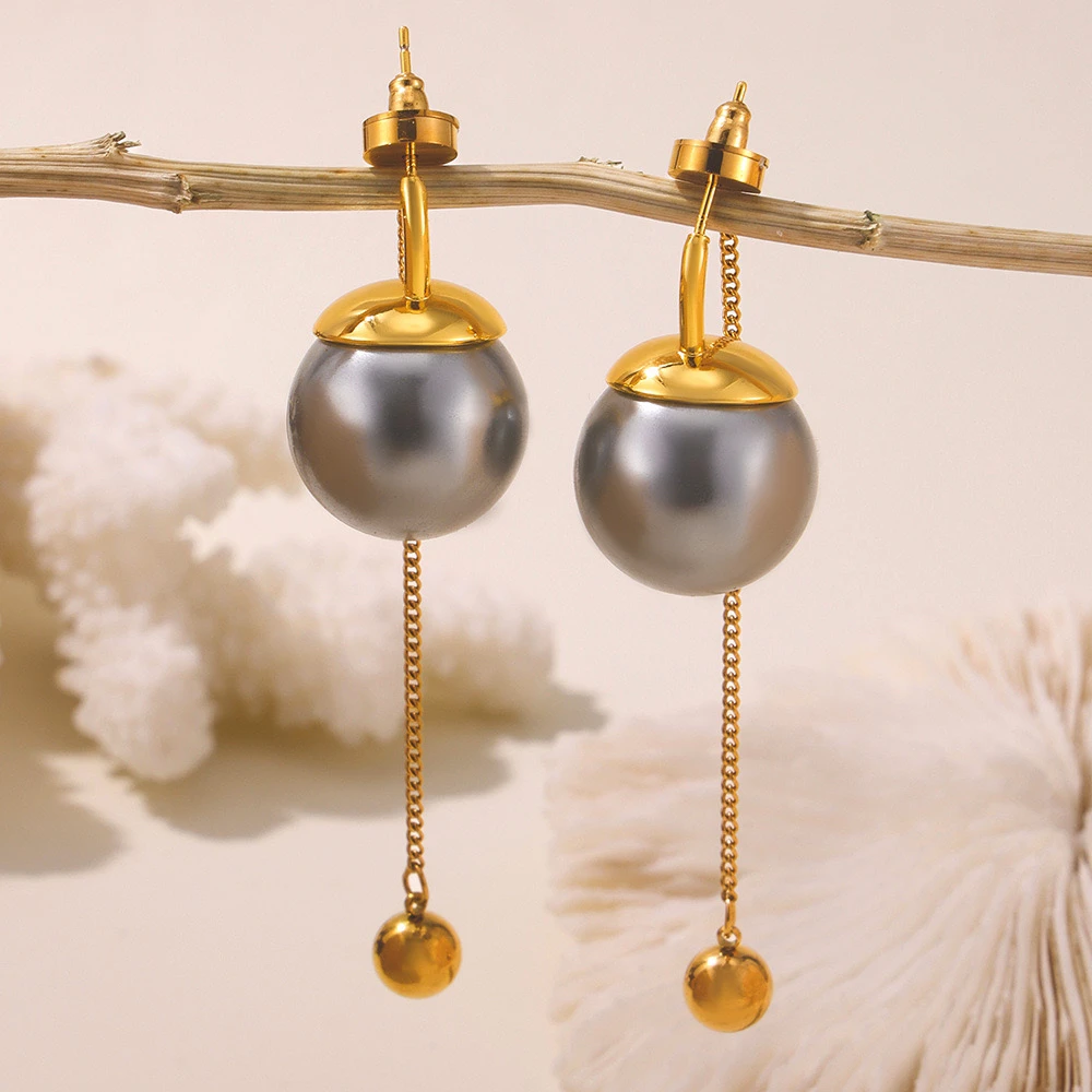 钛钢仿珍珠耳饰 【B138】钛钢轻奢个性灰色珠时尚流苏优雅耳环饰品