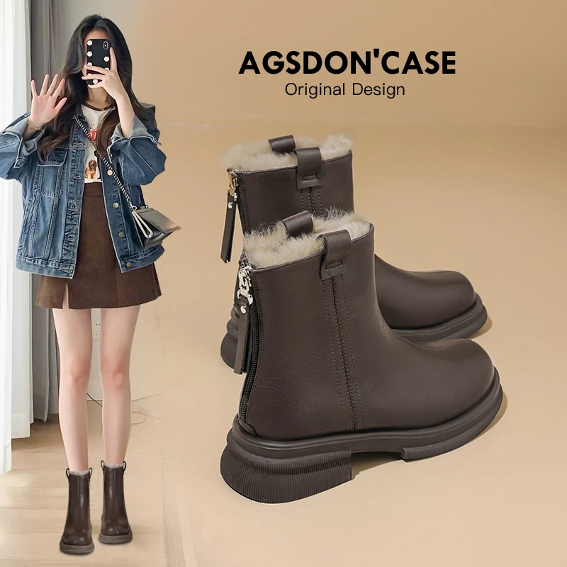 奥古狮登加绒加厚马丁靴子女2024冬季保暖棉鞋防水防滑短靴雪地靴