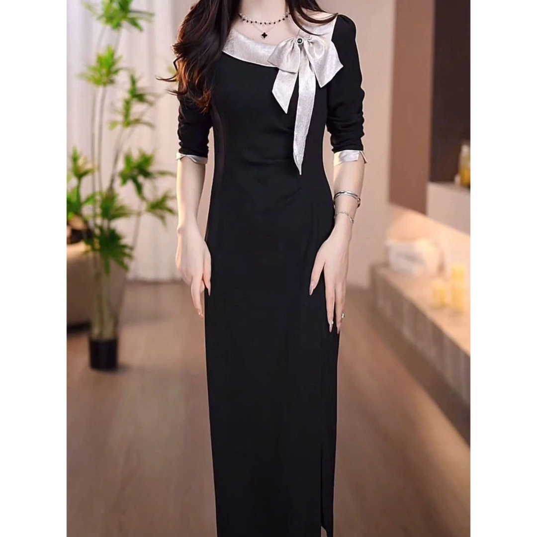 2025秋季新款黑拼香槟色圆领蝴蝶结设计优雅时尚气质连衣裙M-4XL