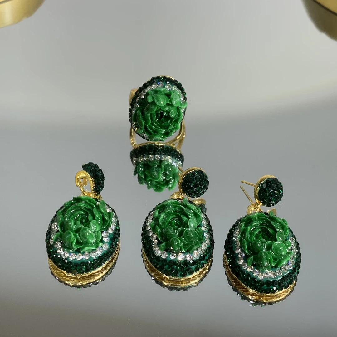 铜合金合成锆石吊坠 TTSD 绿色牡丹花时尚个性吊坠三件套 2033