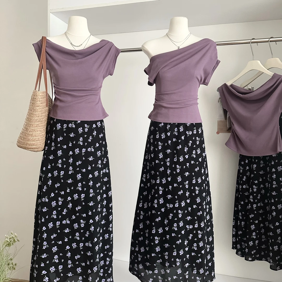 紫色一字肩短袖T恤气质上衣女2025夏季甜美碎花半身裙温柔套装