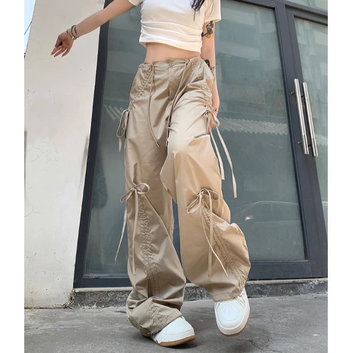 设计感美式系带蝴蝶结工装休闲裤女装夏季高腰阔腿裤拖地裤长裤子