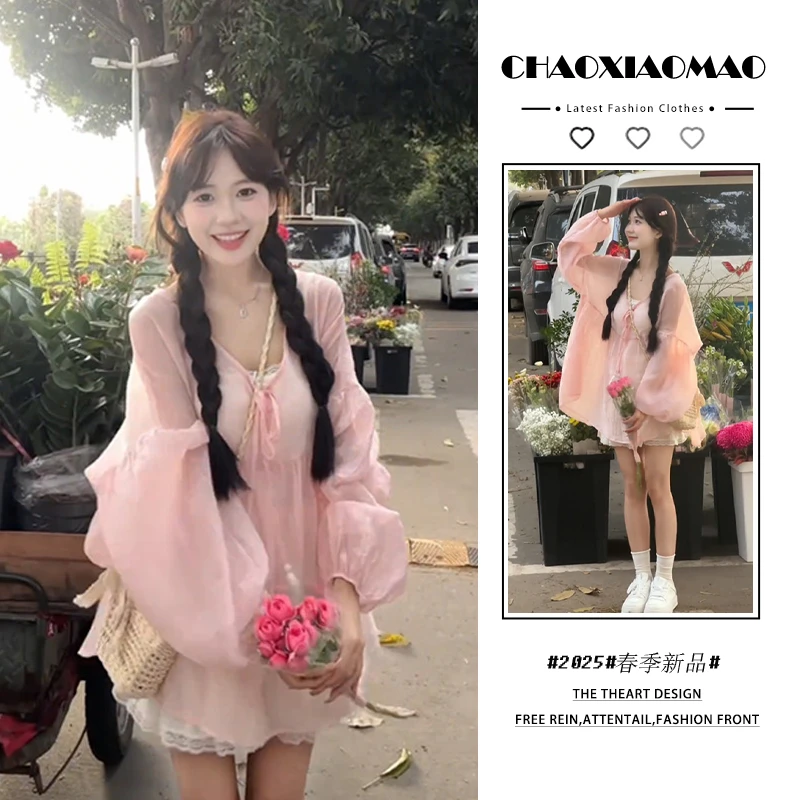 2025年春夏季新款韩穿搭套装女时尚温柔风甜美泡泡袖长袖防晒上衣