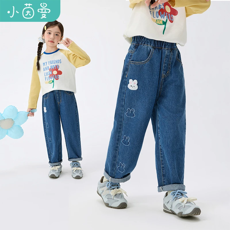 小茵曼女童牛仔裤兔兔章仔25秋中大童甜美休闲女孩裤子GO3853057