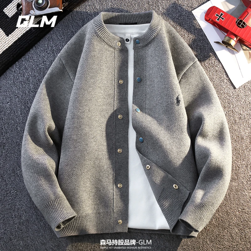 GLM春季慵懒风圆领开衫潮流保暖加厚休闲宽松纽扣毛衣 男外套