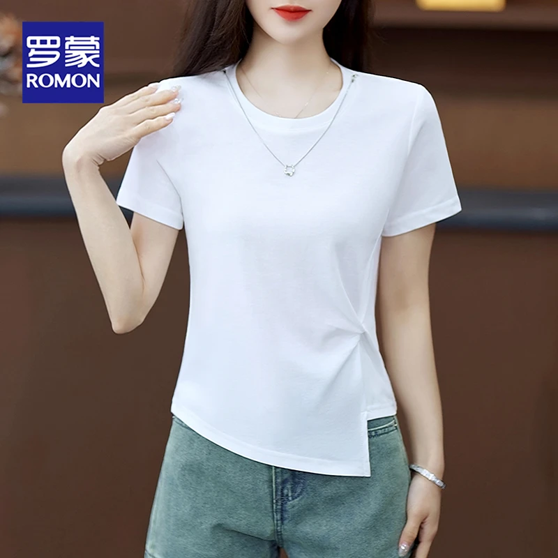 罗蒙女装褶皱设计感上衣 棉2025春夏新款T恤女圆领正肩不规则