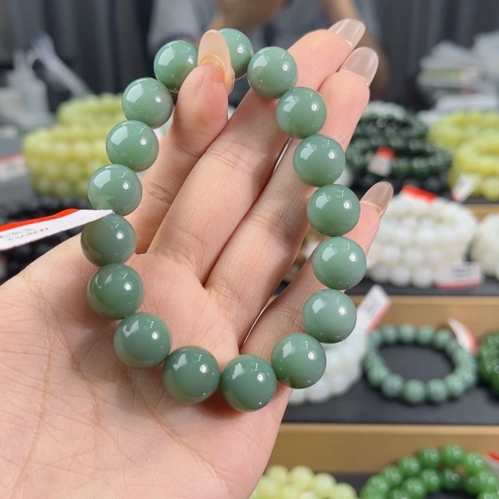 和田玉未镶嵌手链纯天然和田玉12mm碧玉鸭蛋青圆珠