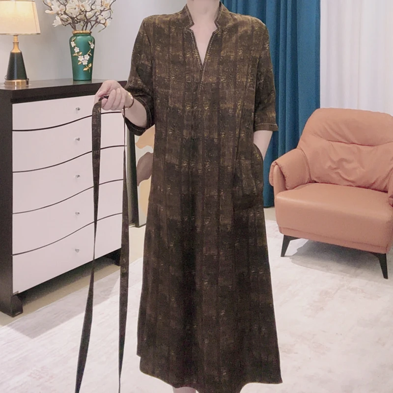 孤品秋季中袖连衣裙V领中长款过膝裙子