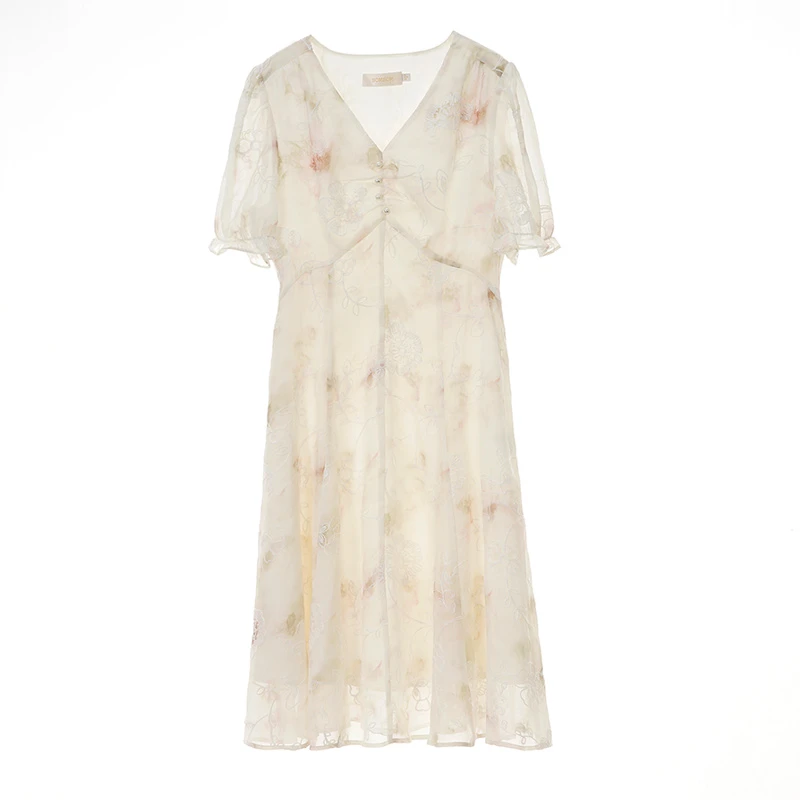 法式甜美气质短袖碎花连衣裙刺绣设计感雪纺裙子夏季