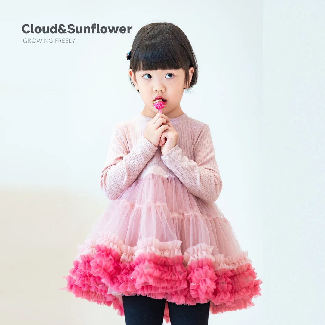 【云朵小葵】女童秋季新款爆款女童下摆纱纱休闲针织洋气连衣裙