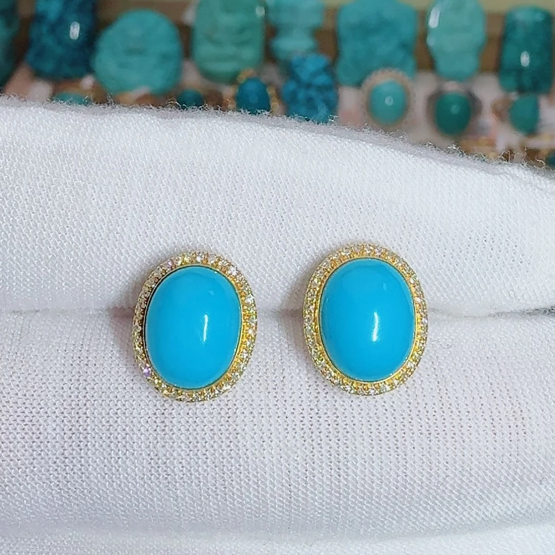 绿松石18K金镶嵌珠宝奇石饱满暴暴蓝耳钉