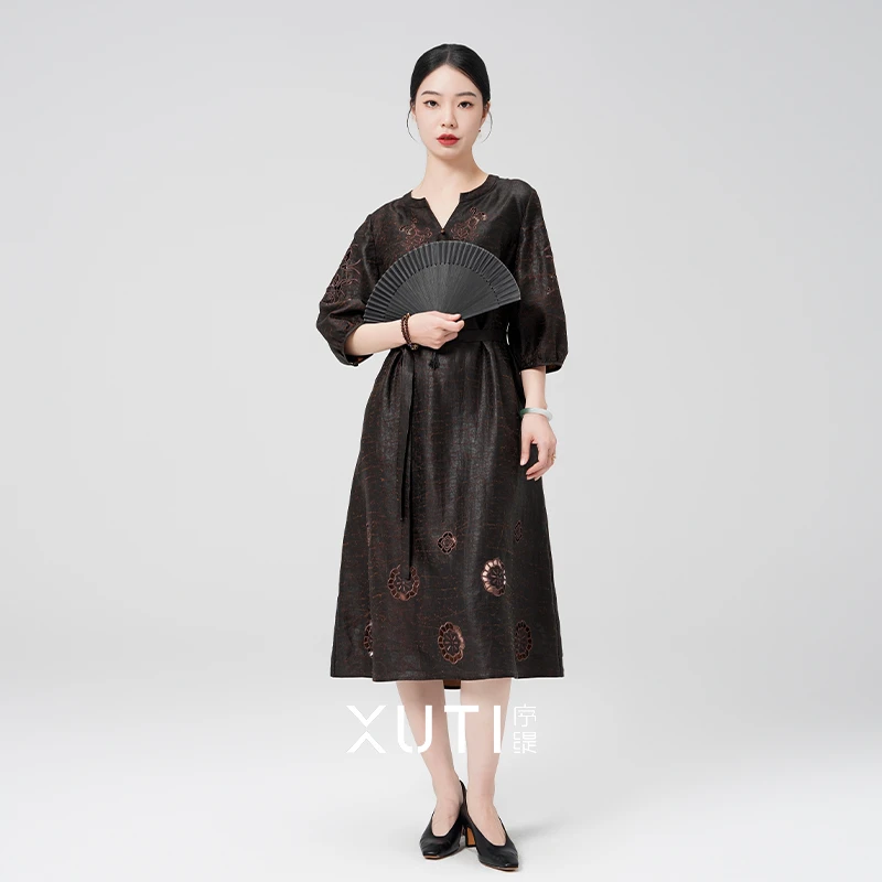 序缇『绣斑斓』春夏新款复古新中式女装桑蚕丝连衣裙H49-7162