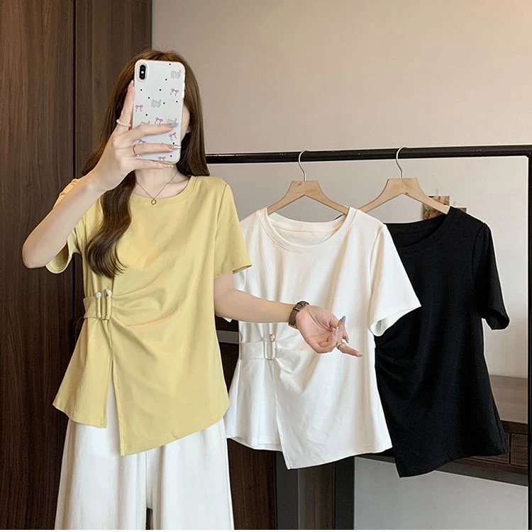 正肩短袖T恤女夏季新款大码胖mm设计感别致不规则遮肚子显瘦上衣