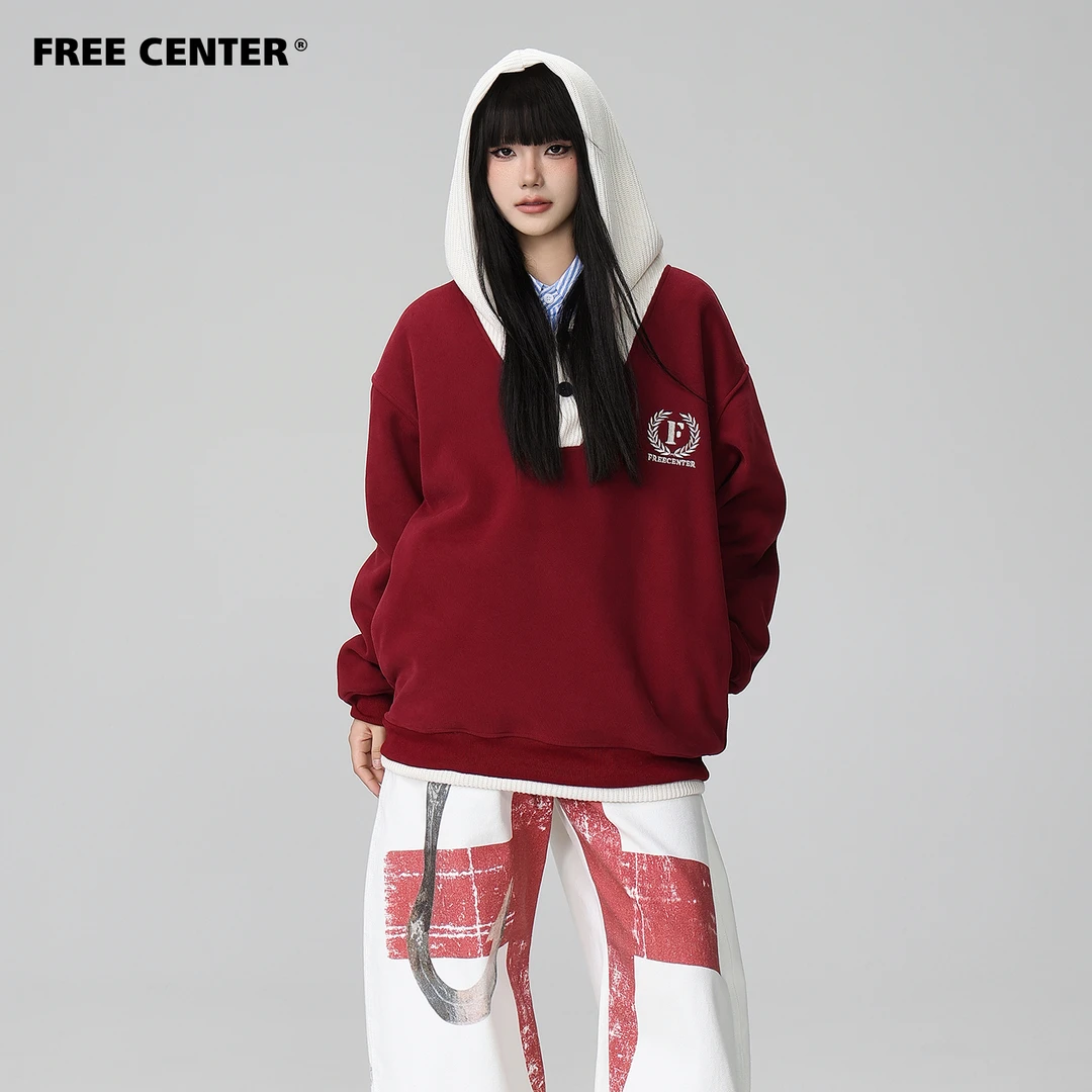 Free Center美式复古刺绣拼接连帽加绒卫衣男女秋冬慵懒宽松上衣