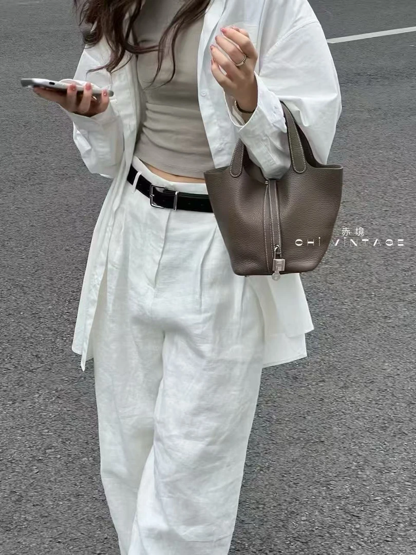 95新 Hermes/爱马仕 4558 灰色菜篮子18银扣手提包u刻