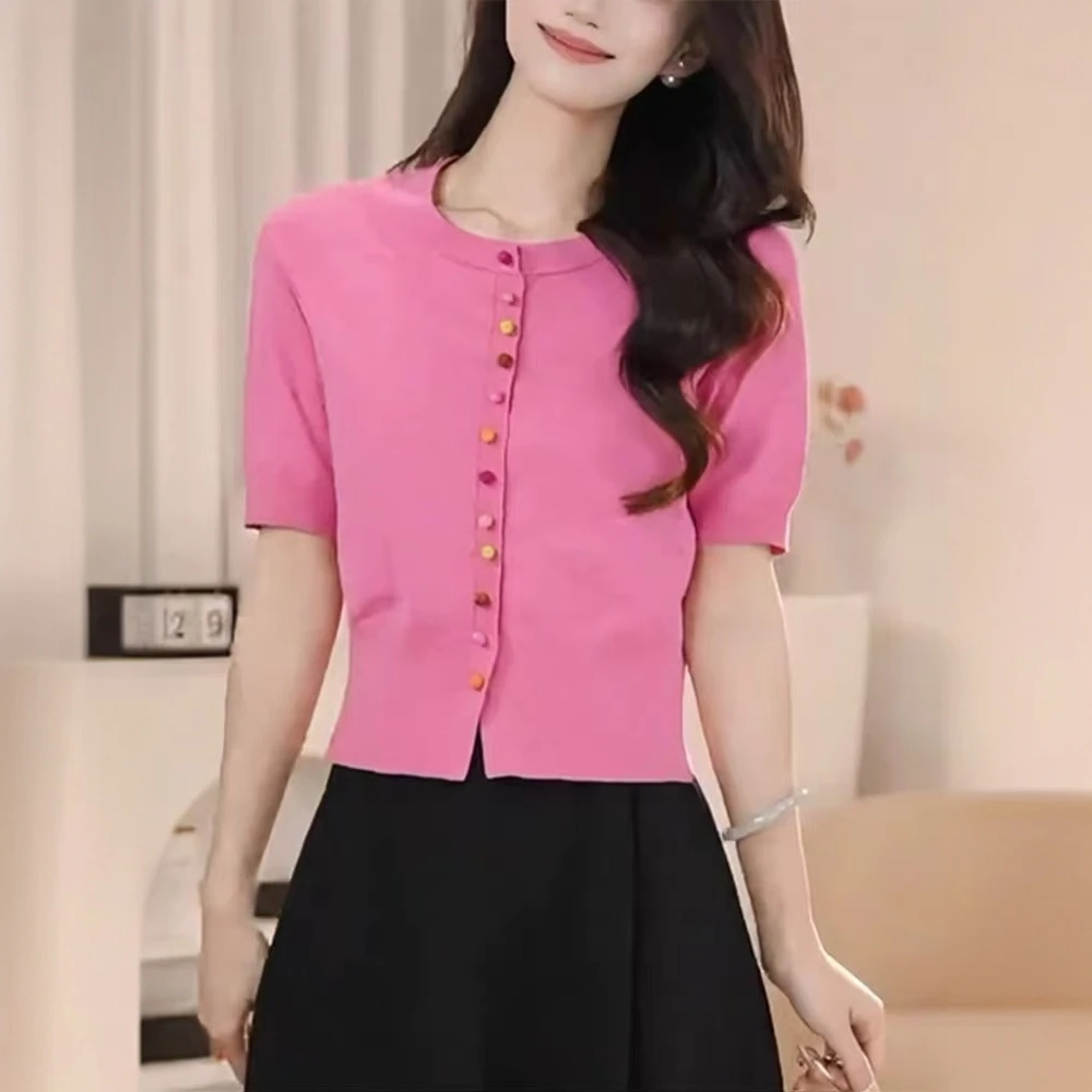 夏季彩色单排扣设计感短袖针织开衫优雅气质洋气圆领亲肤上衣薄款