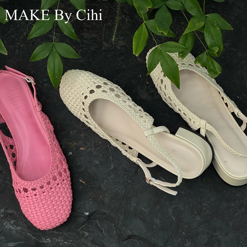Cihi設計/羊皮3.5cm’Weaving color‘ 法式方头镂空编织一字带单鞋