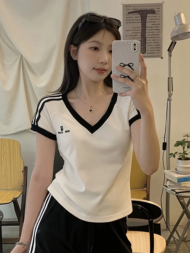 【熙小范】433大码女装落肩袖抗起球V领常规运动风T恤运动高街穿搭