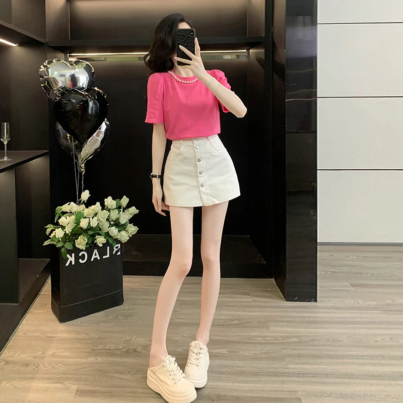 泡泡袖珍珠短袖t恤女夏季洋气减龄小个子牛仔超短裙女半身裙a字裙