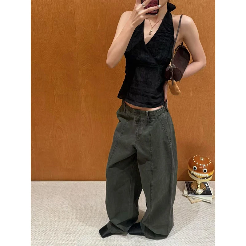 法式独特辣妹高级上衣气质设计高级感交叉v领挂脖背心复古工装裤