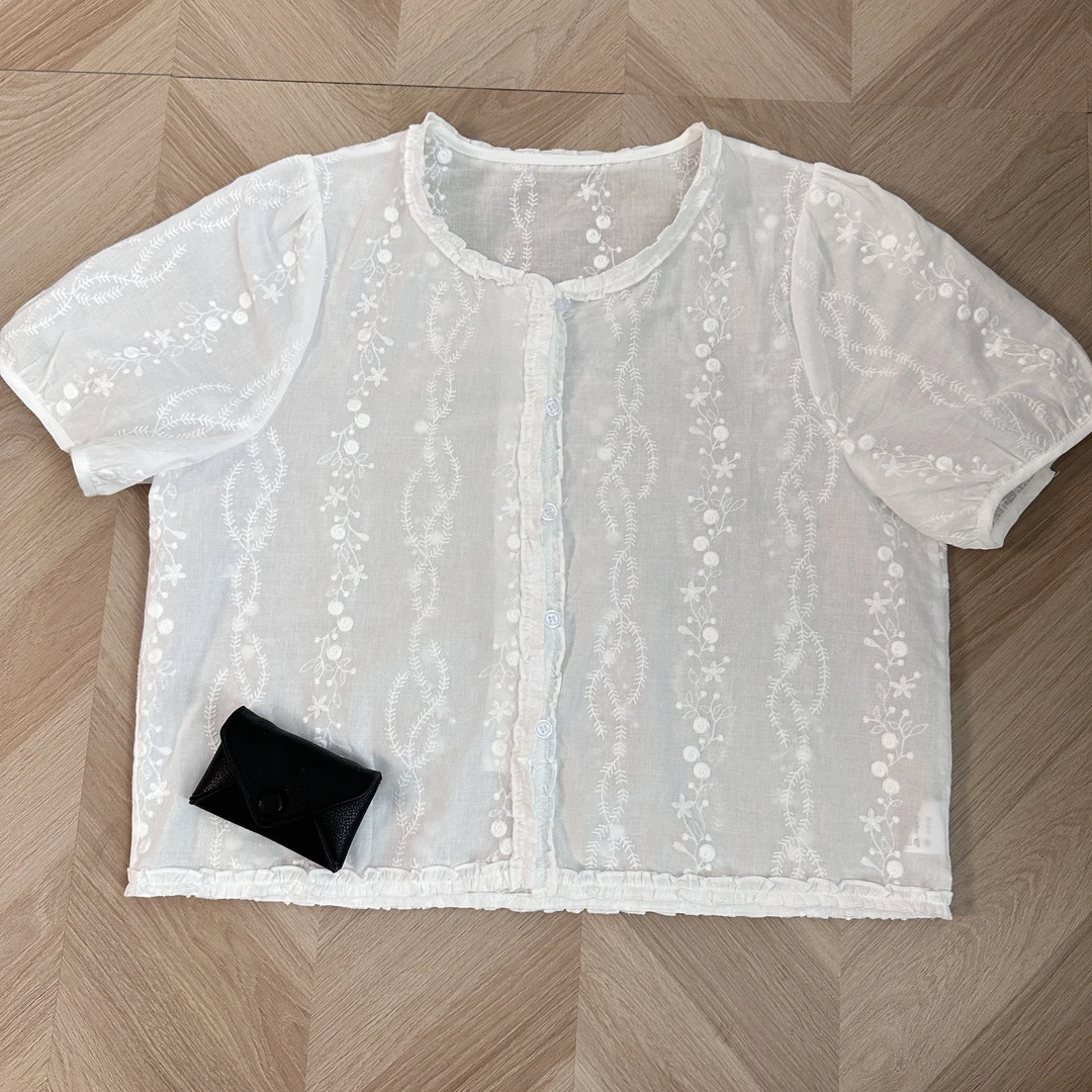 ZZ 【重工绣花】夏季清凉棉感花边小上衣衬衫