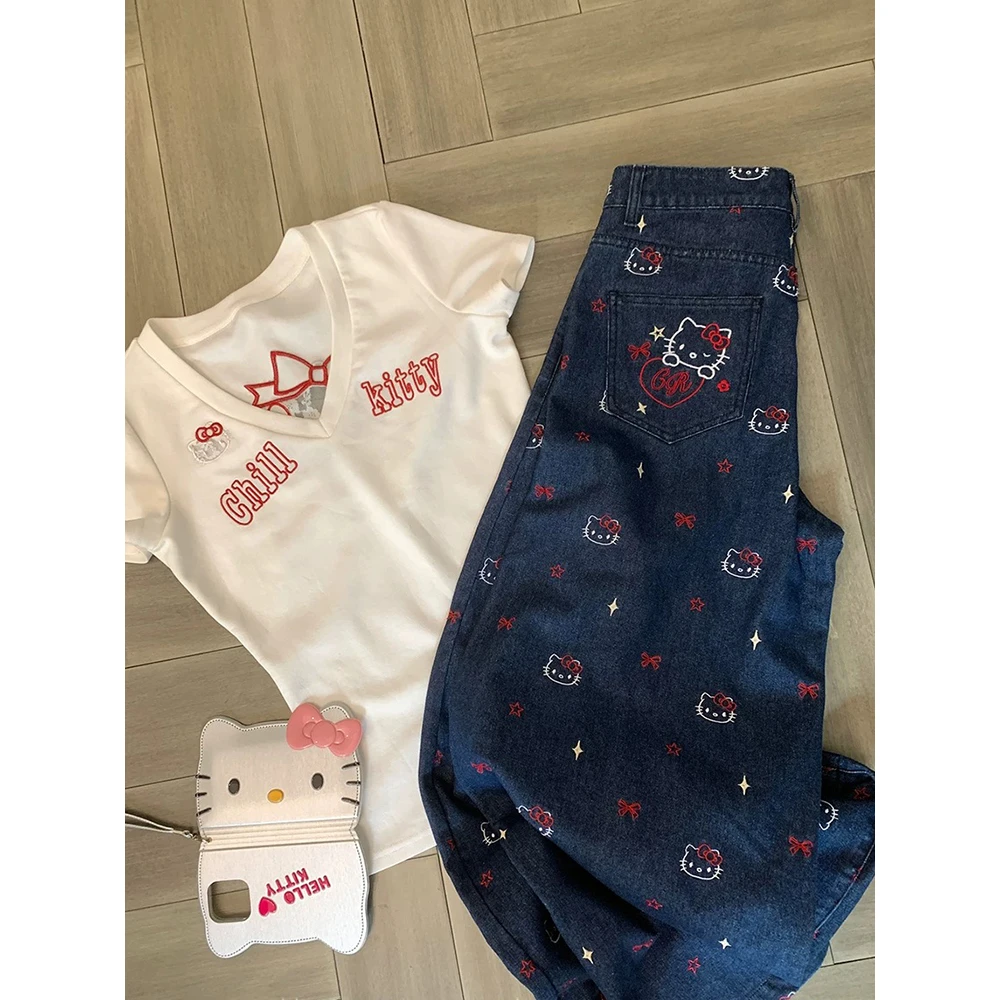 FRVXO kitty猫咪刺绣牛仔裤女夏季宽松显瘦阔腿裤/半身裙