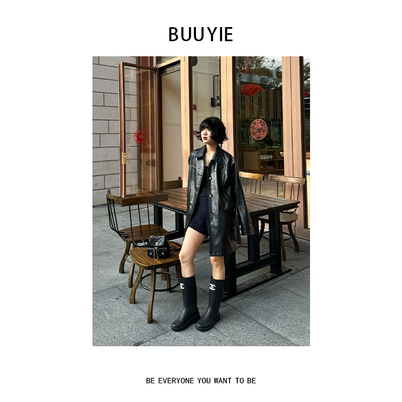 BUUYIE 25SS 【西西和】百搭显瘦黑色长款翻领皮衣外套 2470583