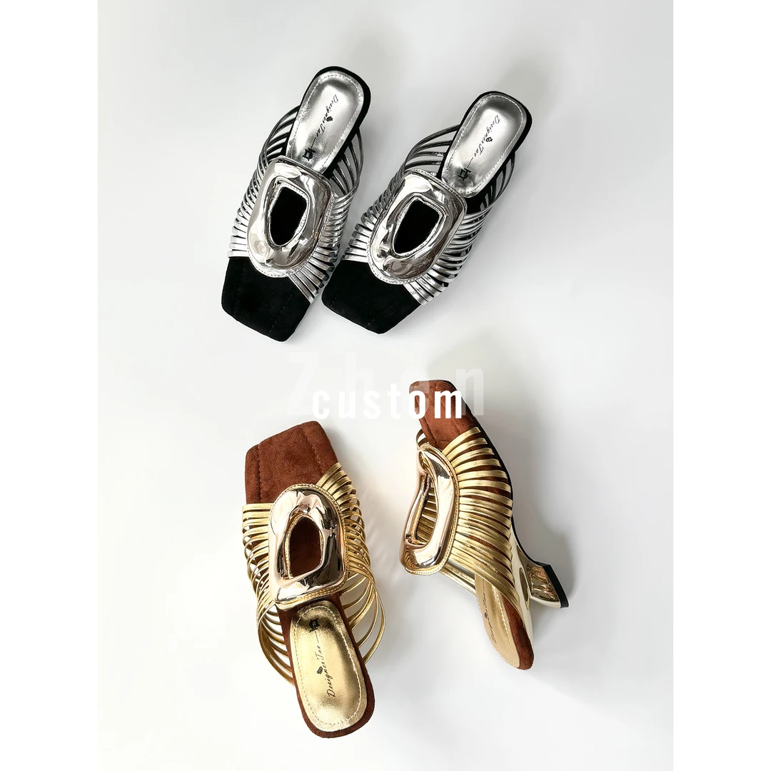 Lucky-夜-5CM浅春欧若风折叠跟斜方头软底穆勒拖