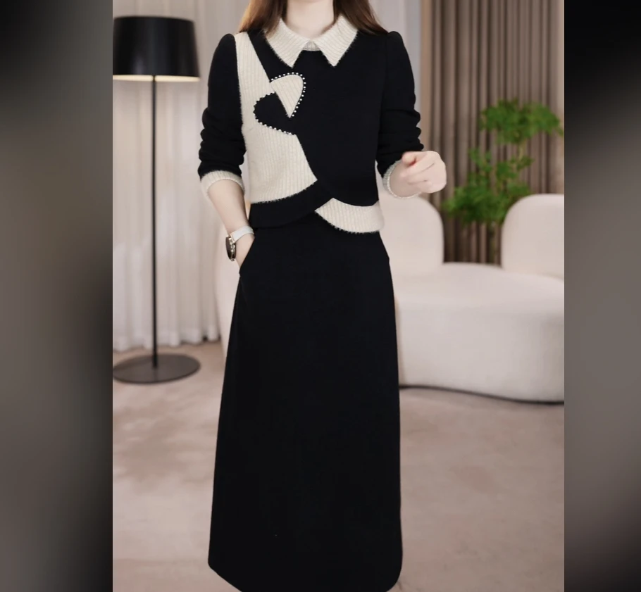 秋冬新款设计师款加绒加厚立领拼接时尚显瘦减龄气质套装