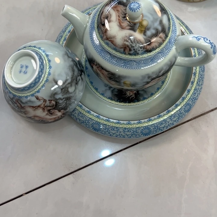 蕾***华瓷片粉彩梦马茶壶壶承加主人杯